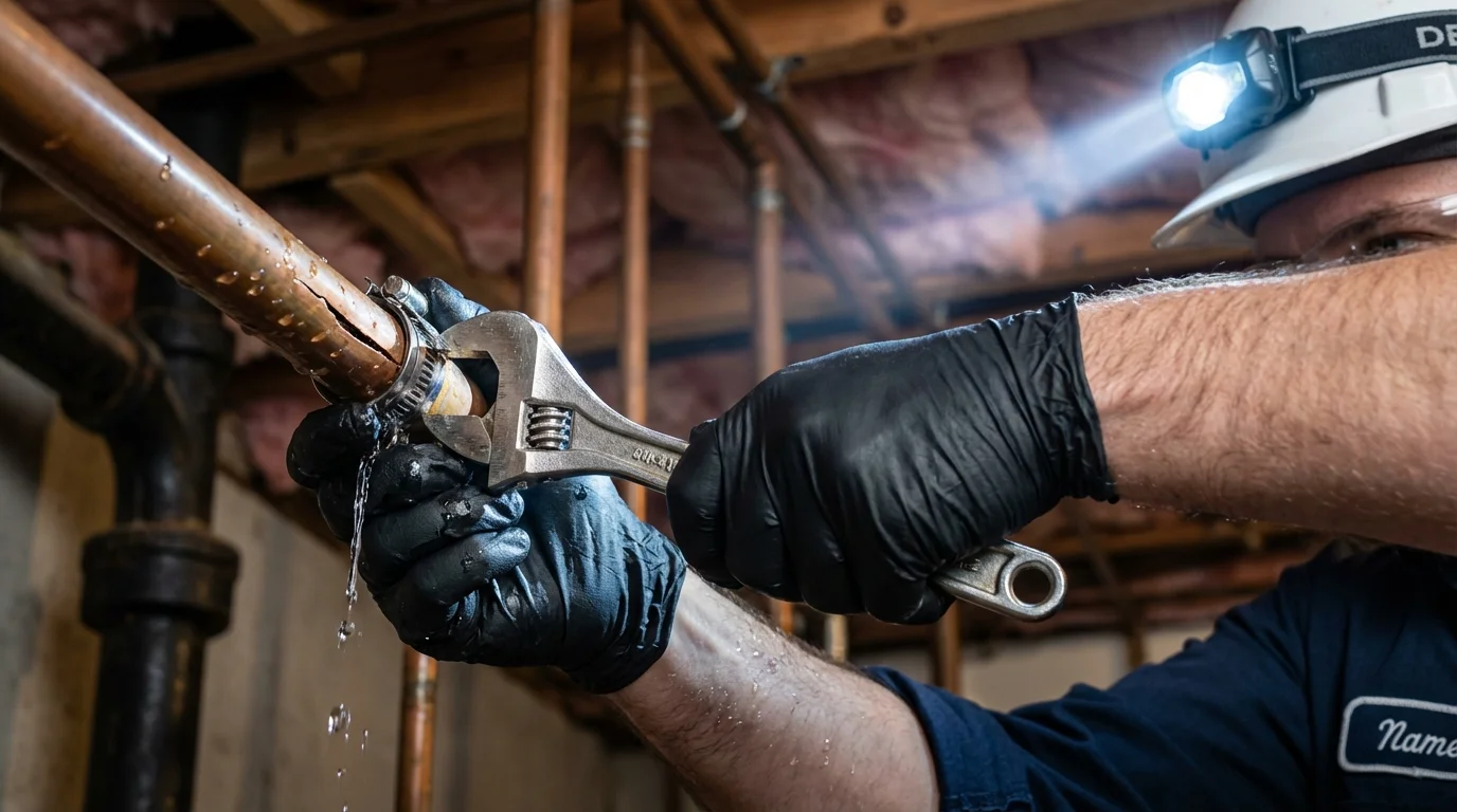 Emergency pipe clamp repair being performed by a Johns Plumbing LLC plumber in Quakertown