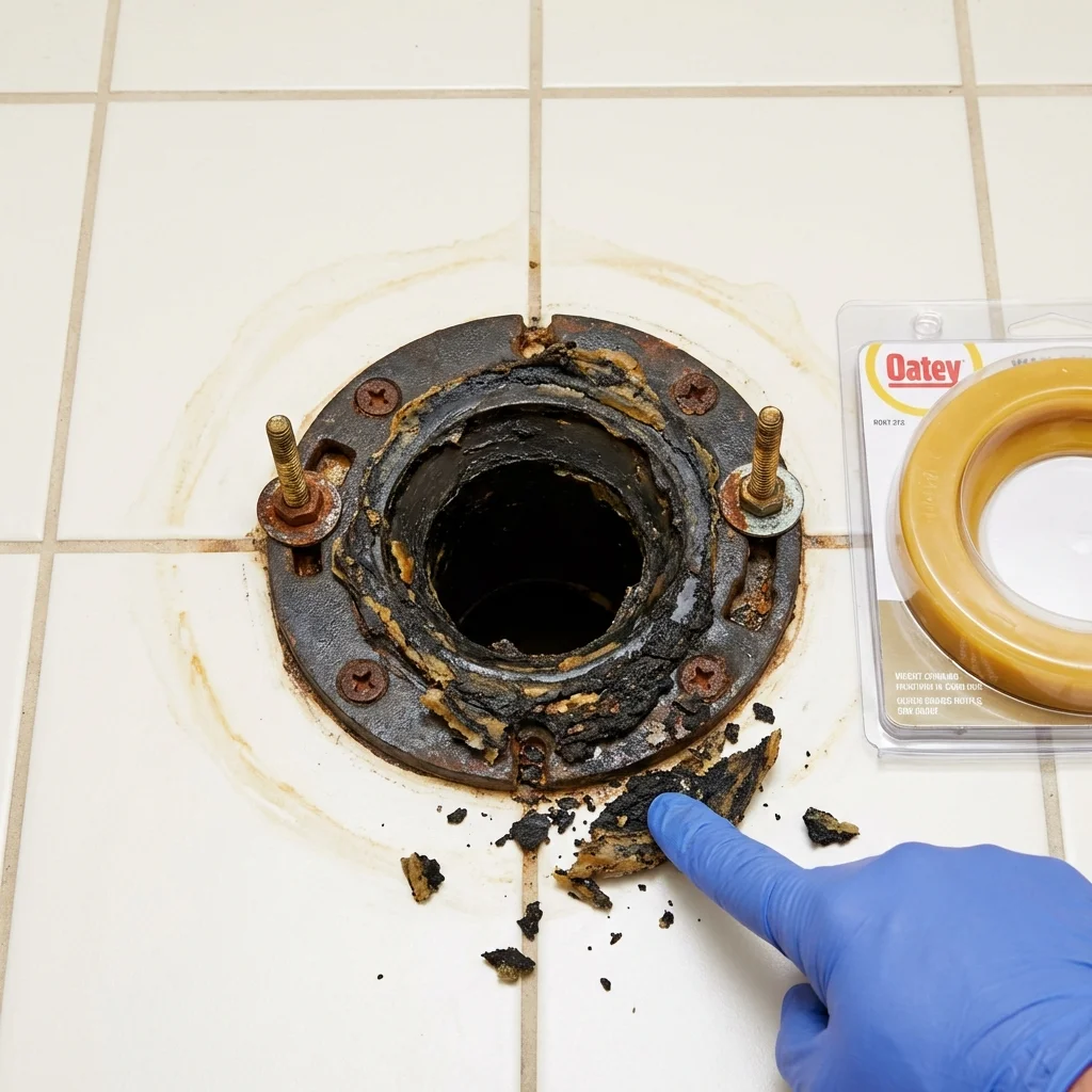 Failed wax ring showing water seepage at the base of a toilet in a Quakertown, PA home