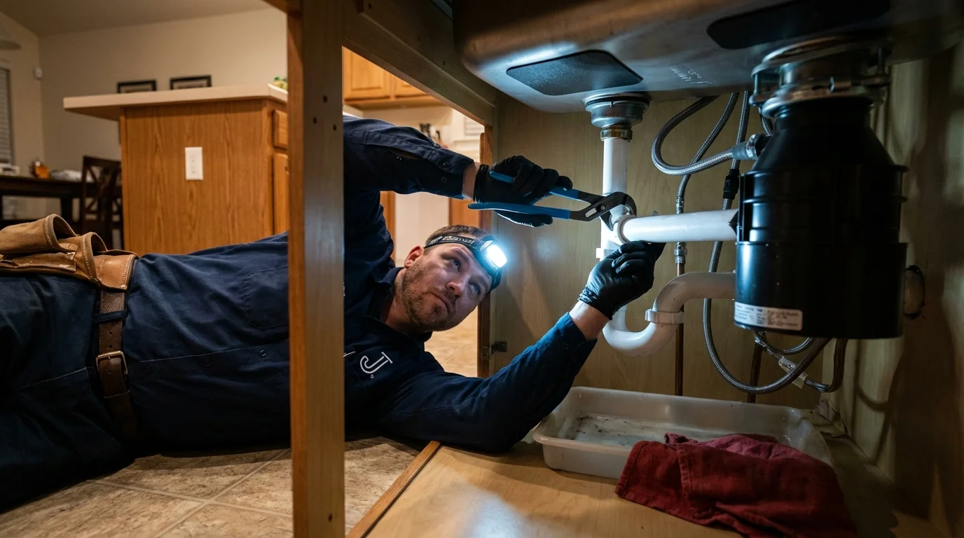 P-trap and supply line connections under a kitchen sink showing a common leak point in Quakertown, PA